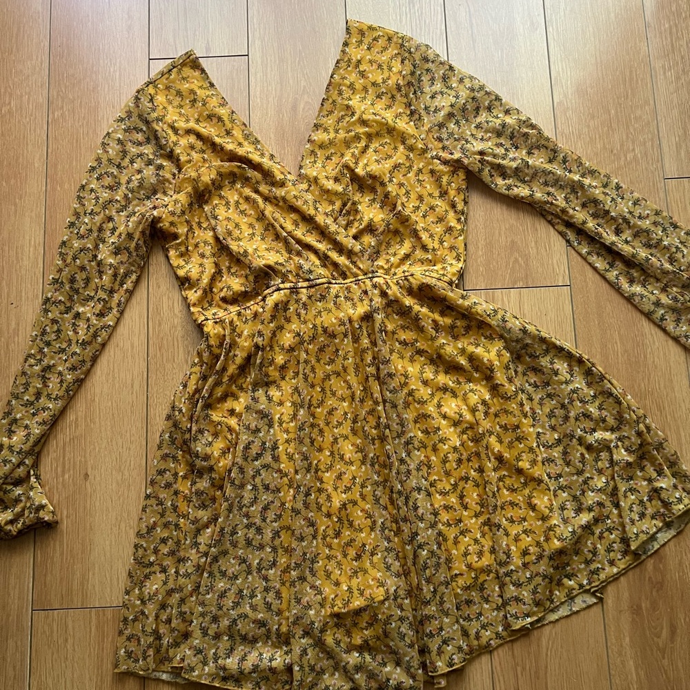 Yellow Floral Long Sleeve Romper Dress